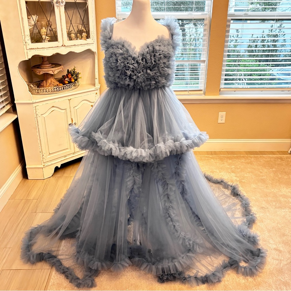 NEW Tulle Maternity Dress for Photoshoot Bridal Robe Dusty Blue NWOT Size XL